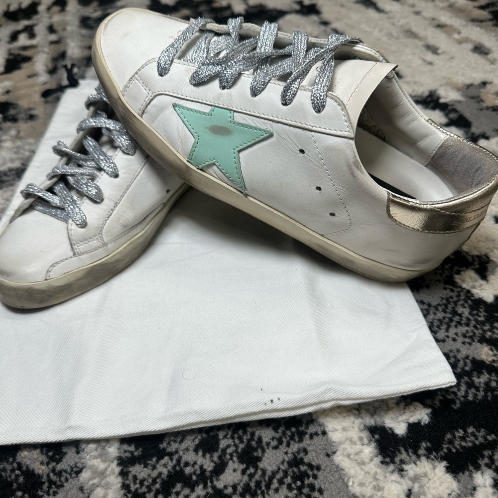 Golden Goose Super Star Sneakers with Mint Green Star and Silver/Gold Accents 7 - Picture 2 of 15